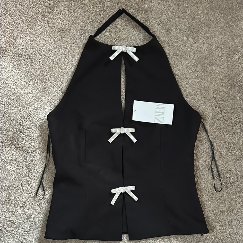 Zara Black Halter Top with Rhinestone Bows